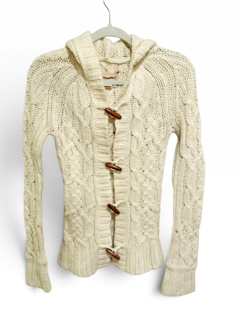 Abercrombie & Fitch Cream Cable-Knit Hooded Cardigan with Toggle Closures